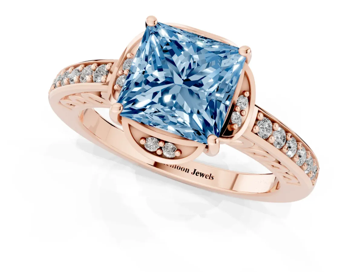 Fancy Blue Princess Cut Cut Halo Diamond Ring with Channel Set Band and Four-Prong Setting Rose gold