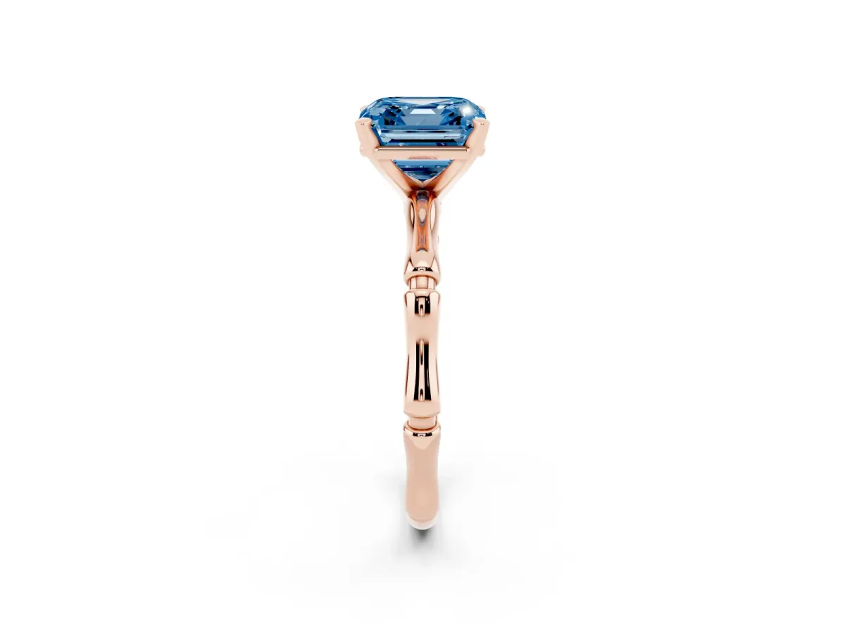 Fancy Blue Asscher Cut Solitaire Diamond Ring with Bamboo Band and Four-Prong Setting Rose gold