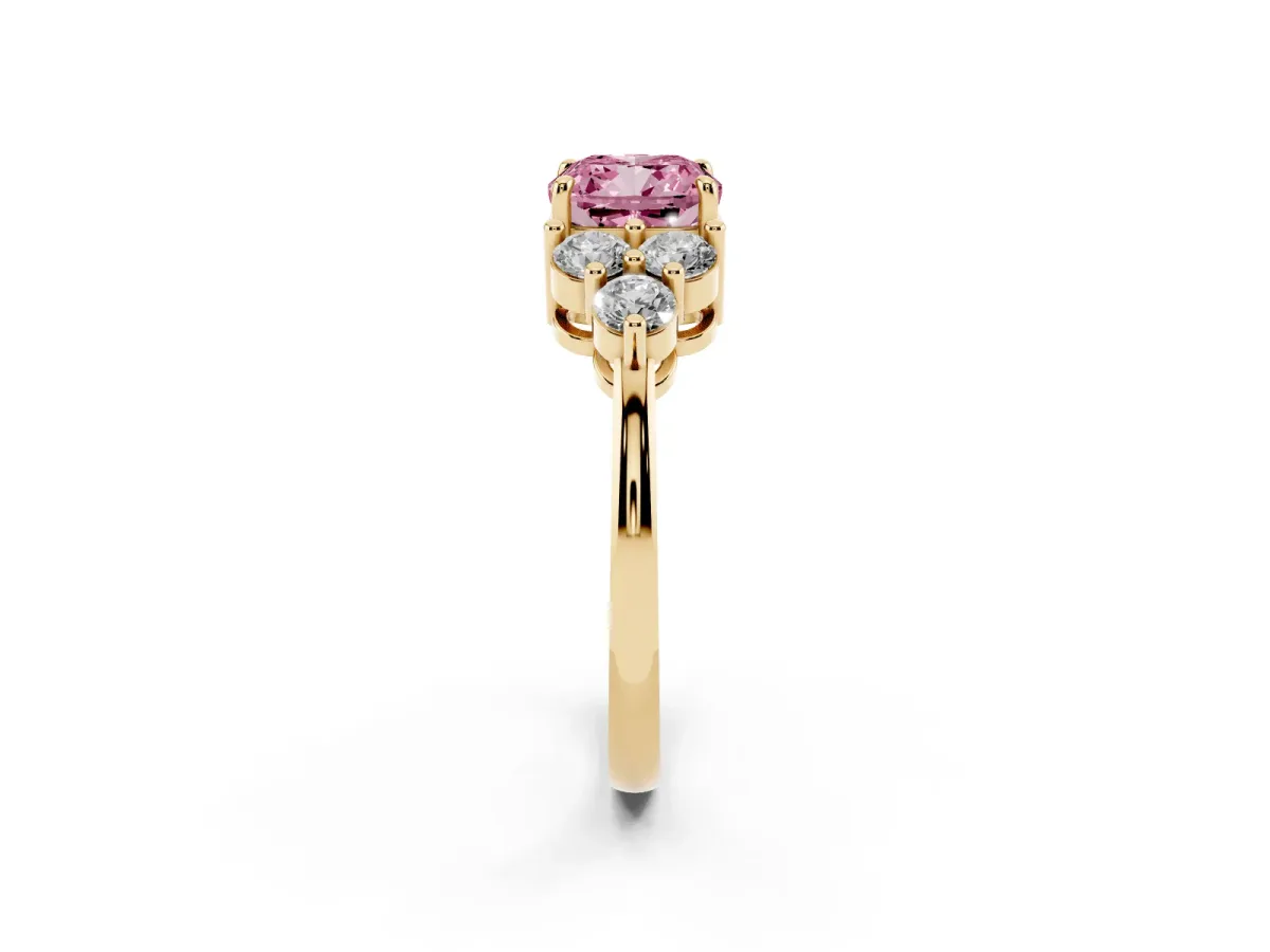 Fancy Pink Cushion Cut Brilliant Diamond Cluster Accent Solitaire Ring with Prong Setting Yellow gold