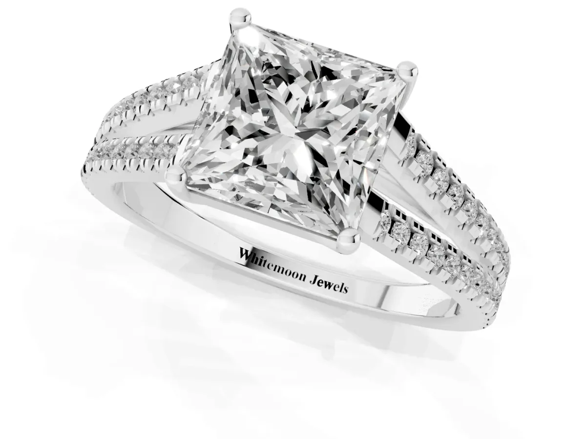 Princess Cut Diamond Solitaire Engagement Ring with Split Shank Pavé Band Silver
