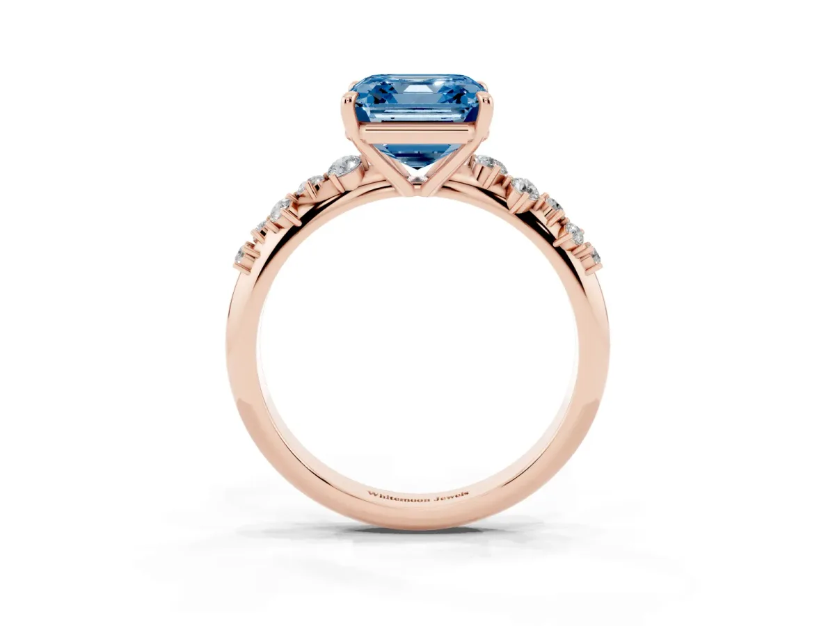 Fancy Blue Asscher Cut Diamond Cluster Side Stone Solitaire Ring with Prong Setting Rose gold