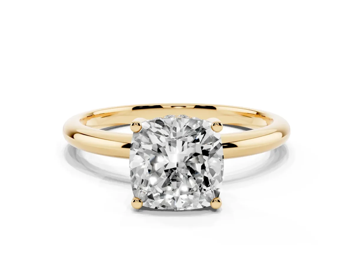Cushion Cut Cut Solitaire Engagement Ring with Four-Prong Setting and Classic Band Yellow gold