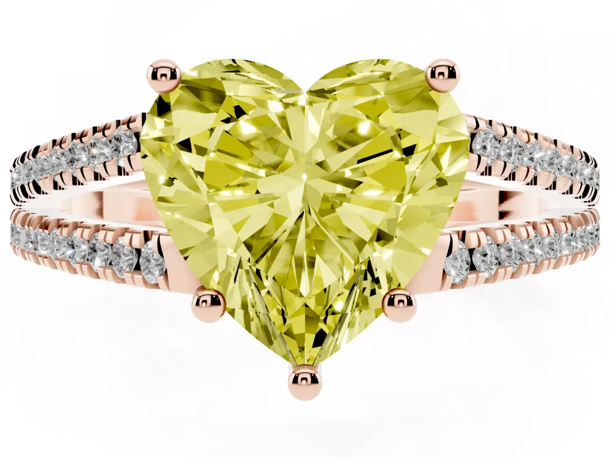 Fancy Yellow Heart Cut Diamond Solitaire Engagement Ring with Split Shank Pavé Band Rose gold