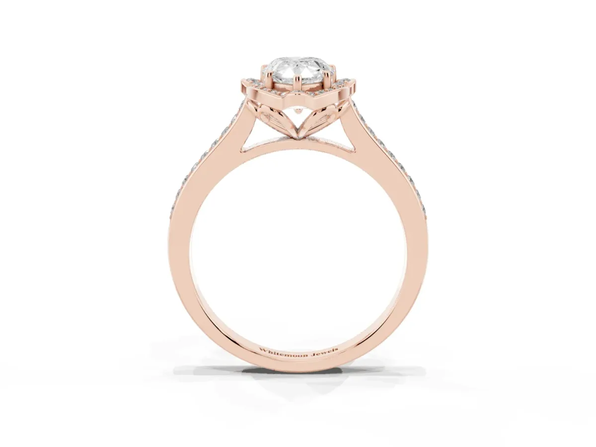 Pear Cut Halo Round Diamond Pave Band with Four-Prong Setting Rose gold