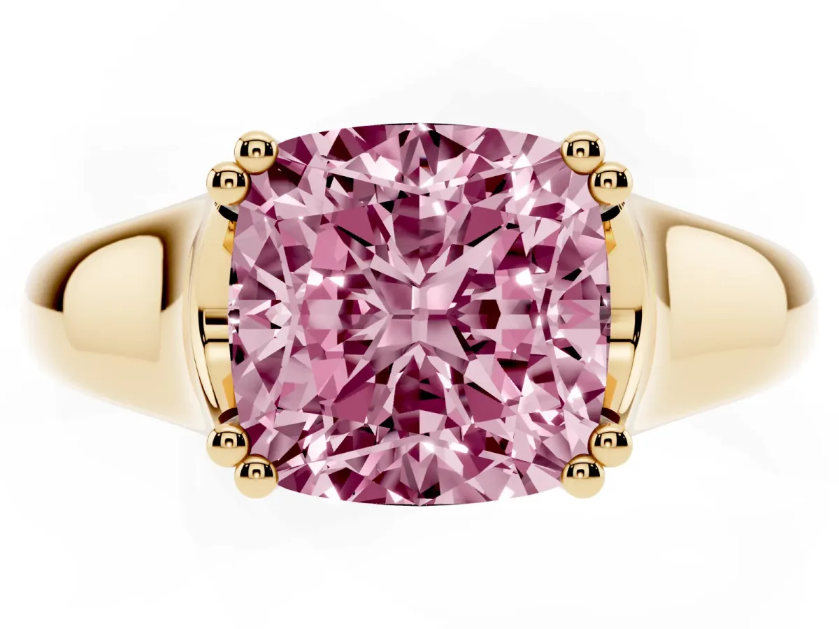 Fancy Pink Cushion Cut Diamond Solitaire Ring with Wide Band and Prong Setting Yellow gold