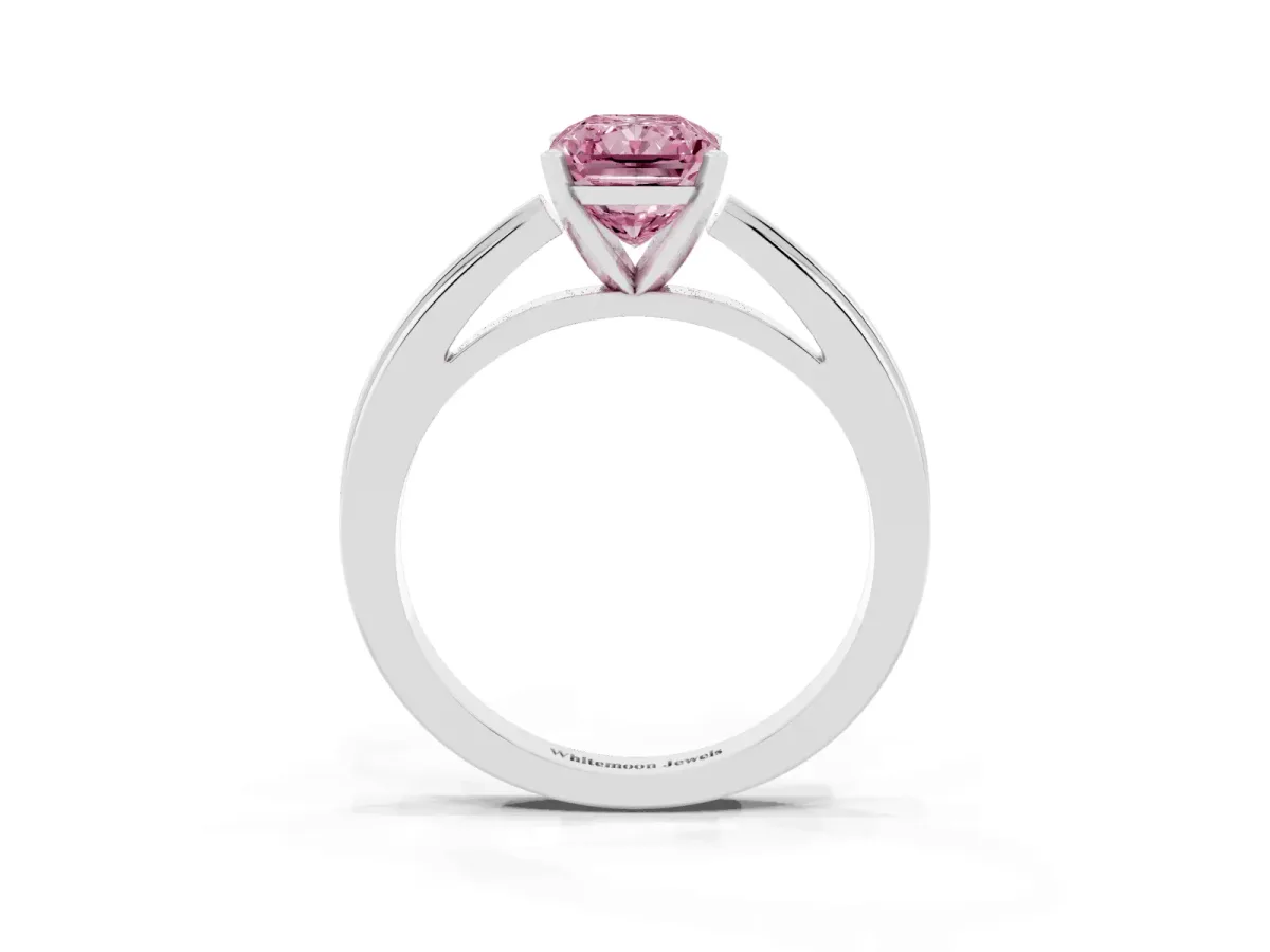 Fancy Pink Radiant Cut Solitaire Diamond Ring with Four-Prong Setting and Classic Band Silver