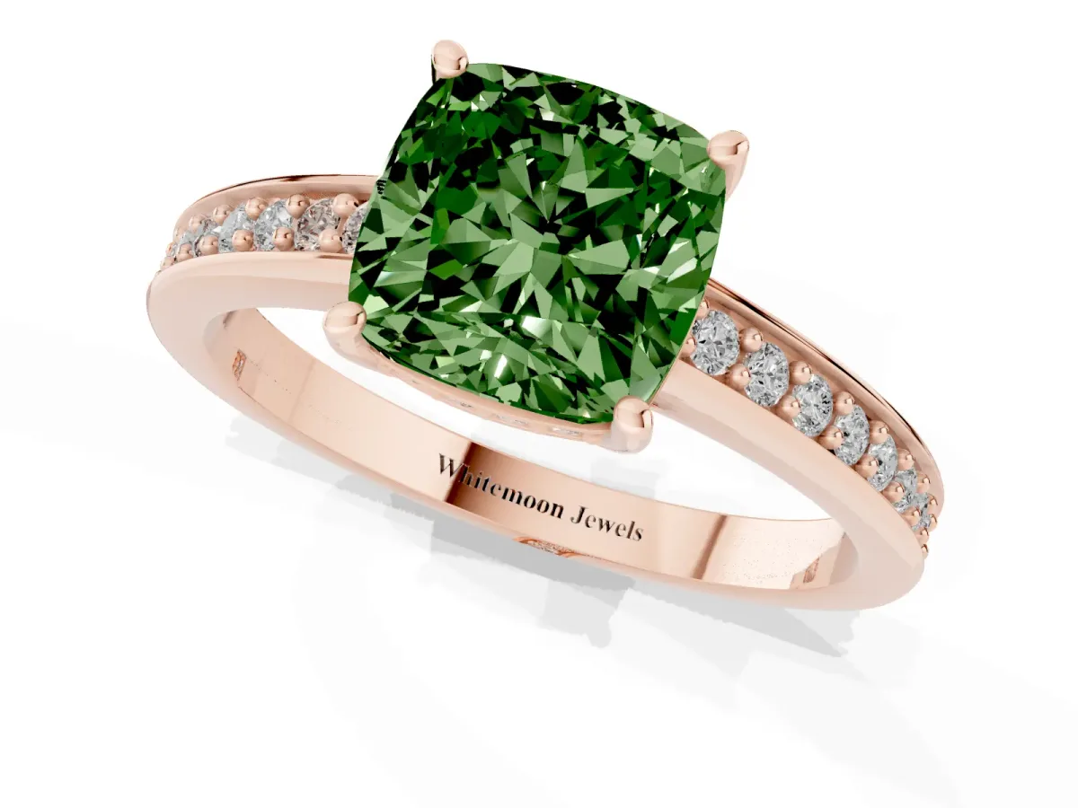 Fancy Green Cushion Cut Solitaire Pavé Band Prong Setting Ring Rose gold