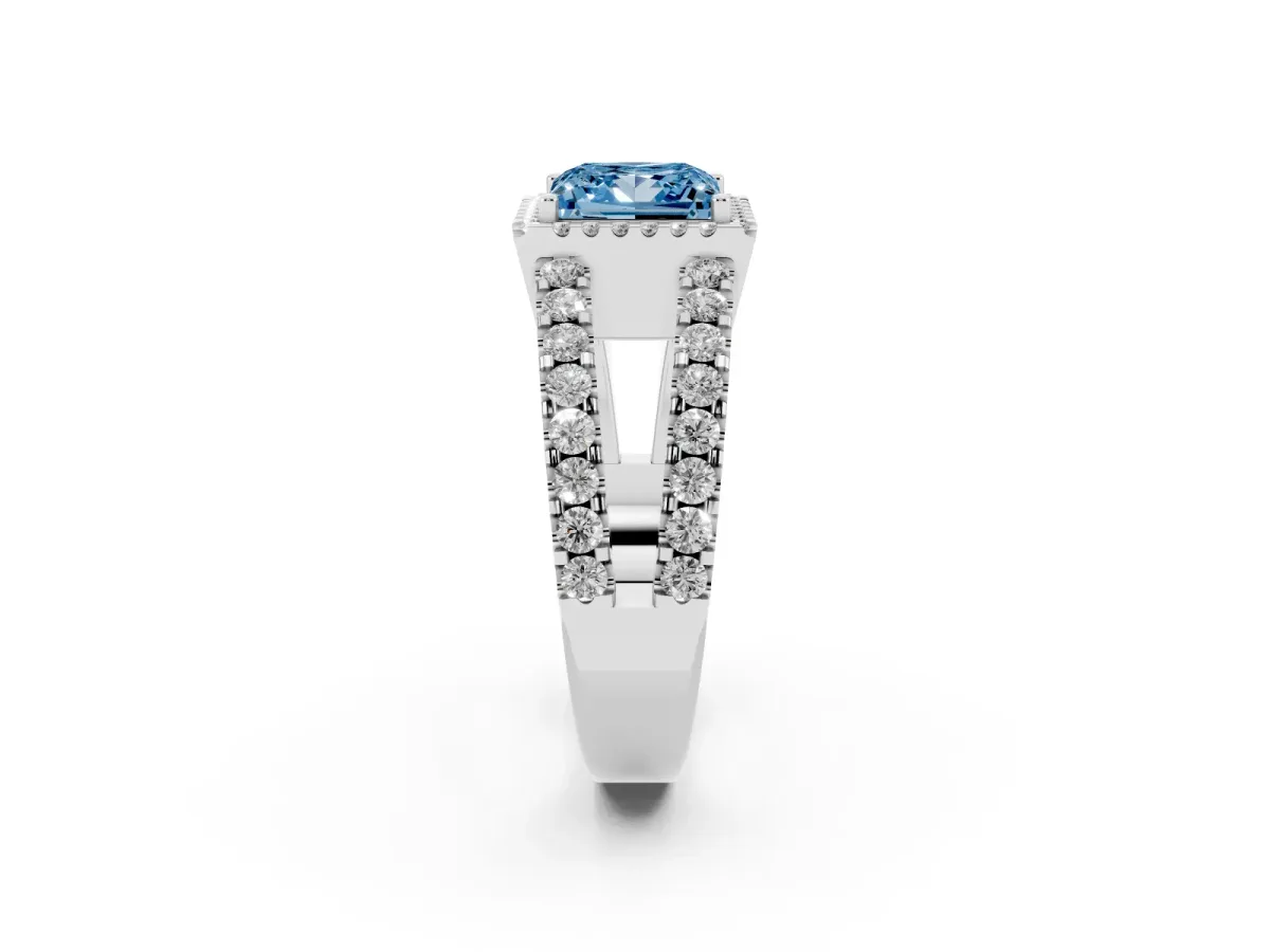 Fancy Blue Princess Cut Cut Halo Split Shank Diamond Ring with Four-Prong Setting Silver