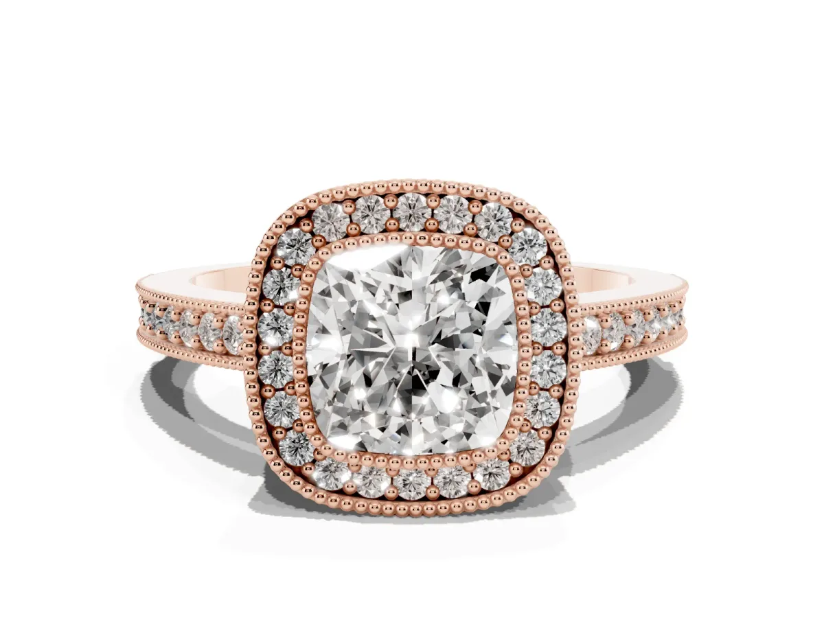 Cushion Cut-Cut Diamond Halo Engagement Ring with Pave Band and Prong Setting Rose gold