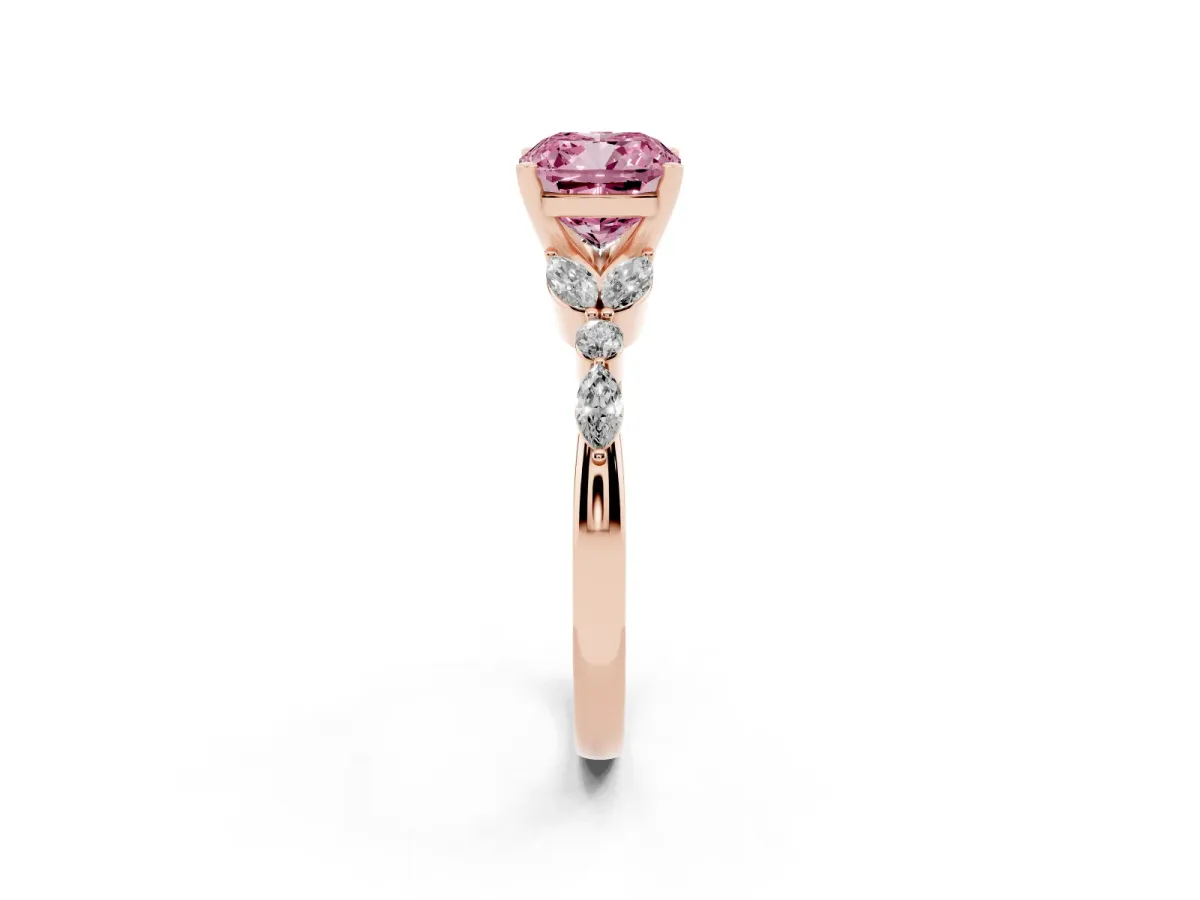 Fancy Pink Cushion Cut Diamond Solitaire Ring with Side Stones and Four-Prong Setting Rose gold