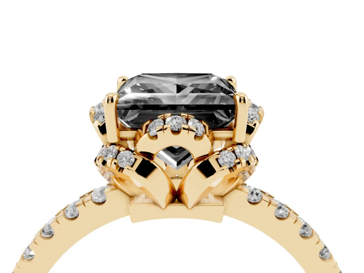 Fancy Black Princess Cut Diamond Halo Pave Band with Four-Prong Setting Yellow gold