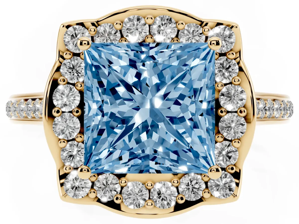Fancy Blue Princess Cut Halo Round Diamond Pave Band with Four-Prong Setting Yellow gold