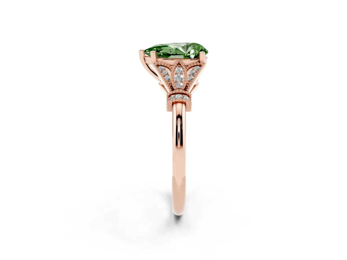 Fancy Green Pear Cut Diamond Solitaire Ring with Floral Filigree and Pave Accents Rose gold