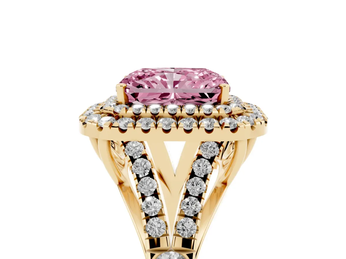 Fancy Pink Radiant Cut Diamond Double Halo Ring with Split Shank and Prong Setting Yellow gold