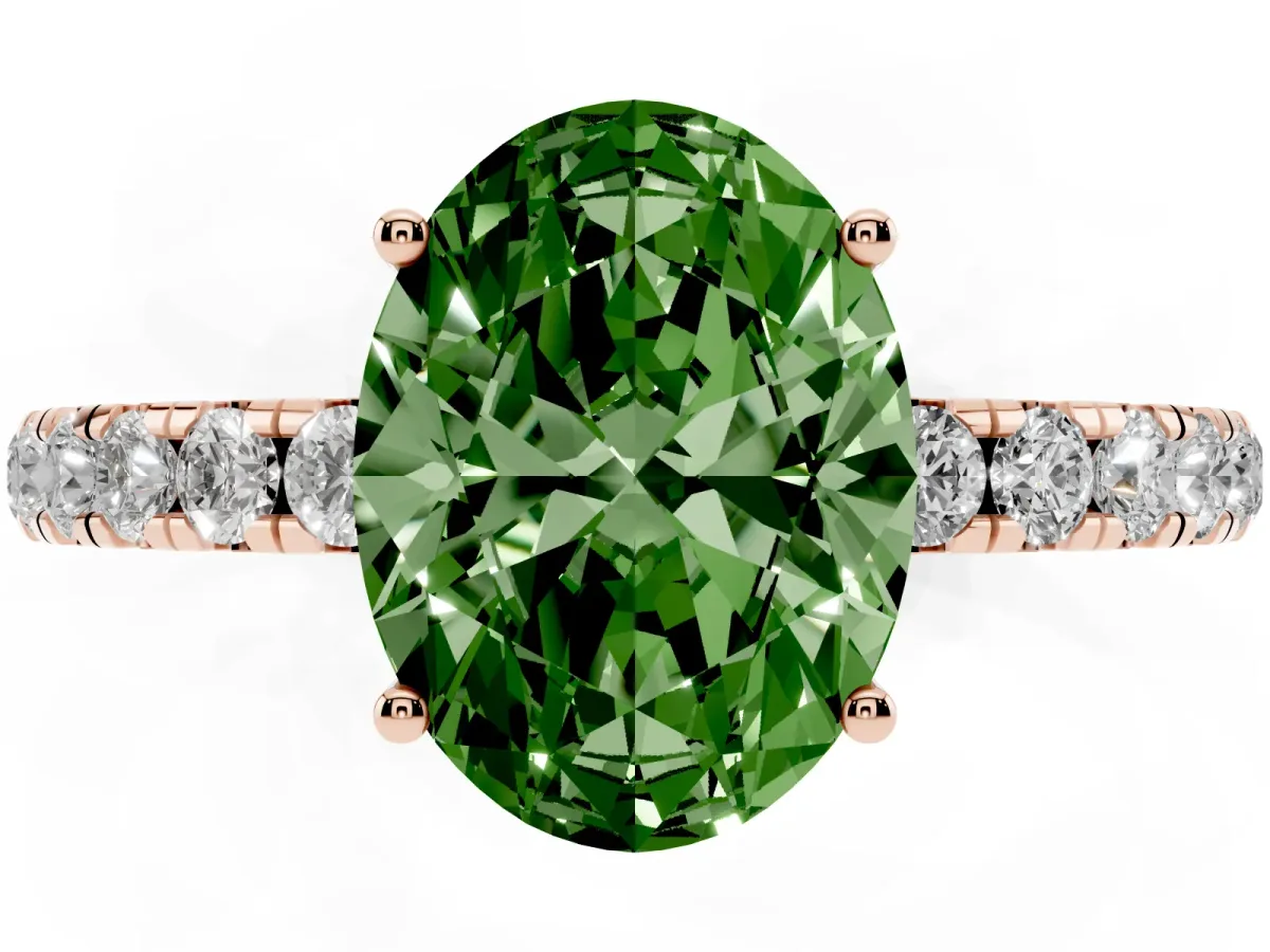 Fancy Green Oval Cut Diamond Pavé Solitaire Engagement Ring with Four-Prong Setting Rose gold