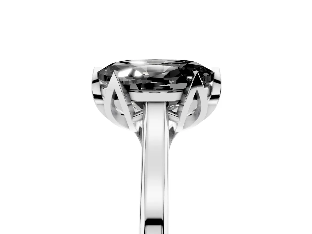Fancy Black Oval Cut Diamond Solitaire Ring with Flower Prong Setting and Classic Band Silver