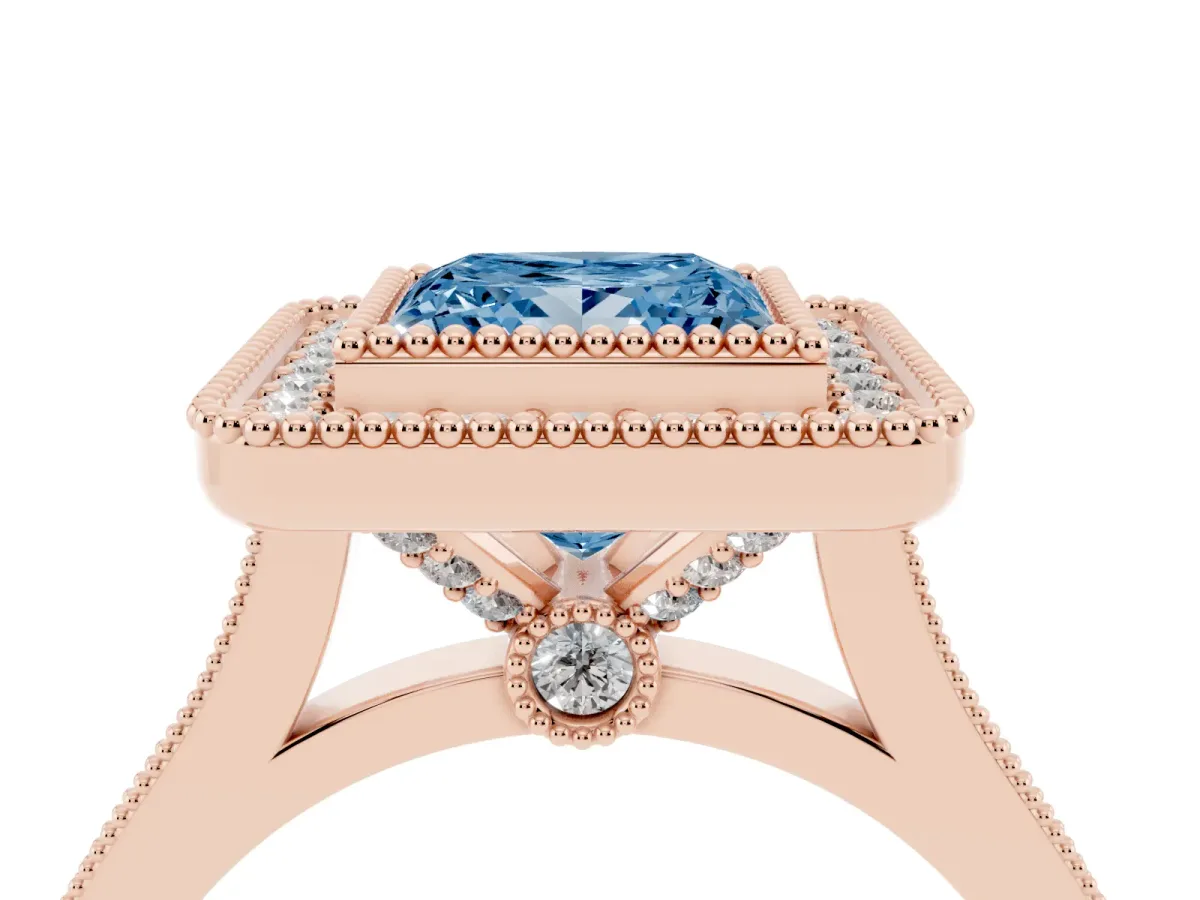 Fancy Blue Princess Cut Diamond Halo Ring with Milgrain Frame and Pavé Band Rose gold