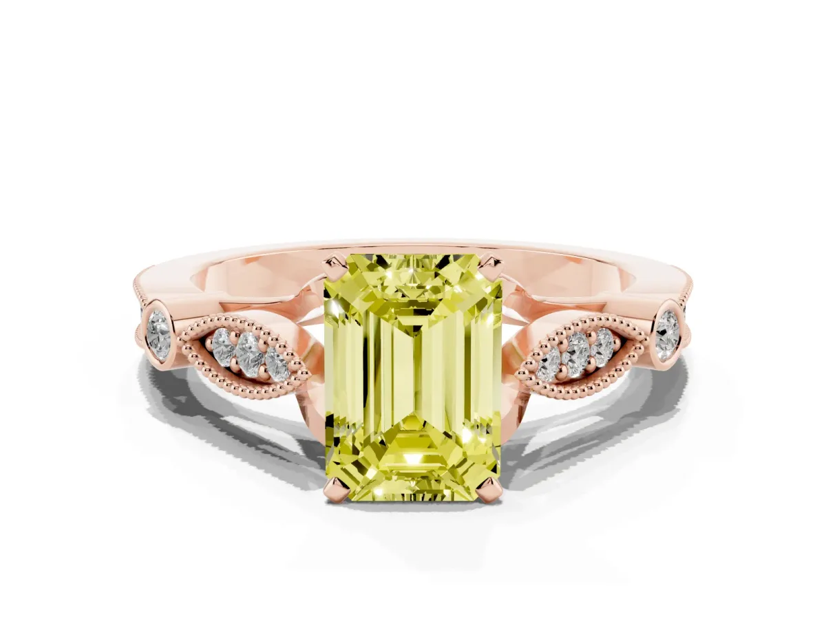 Fancy Yellow Emerald Cut Cut Diamond with Milgrain Marquise and Bezel Accents on a Solitaire Band with Prong Setting Rose gold