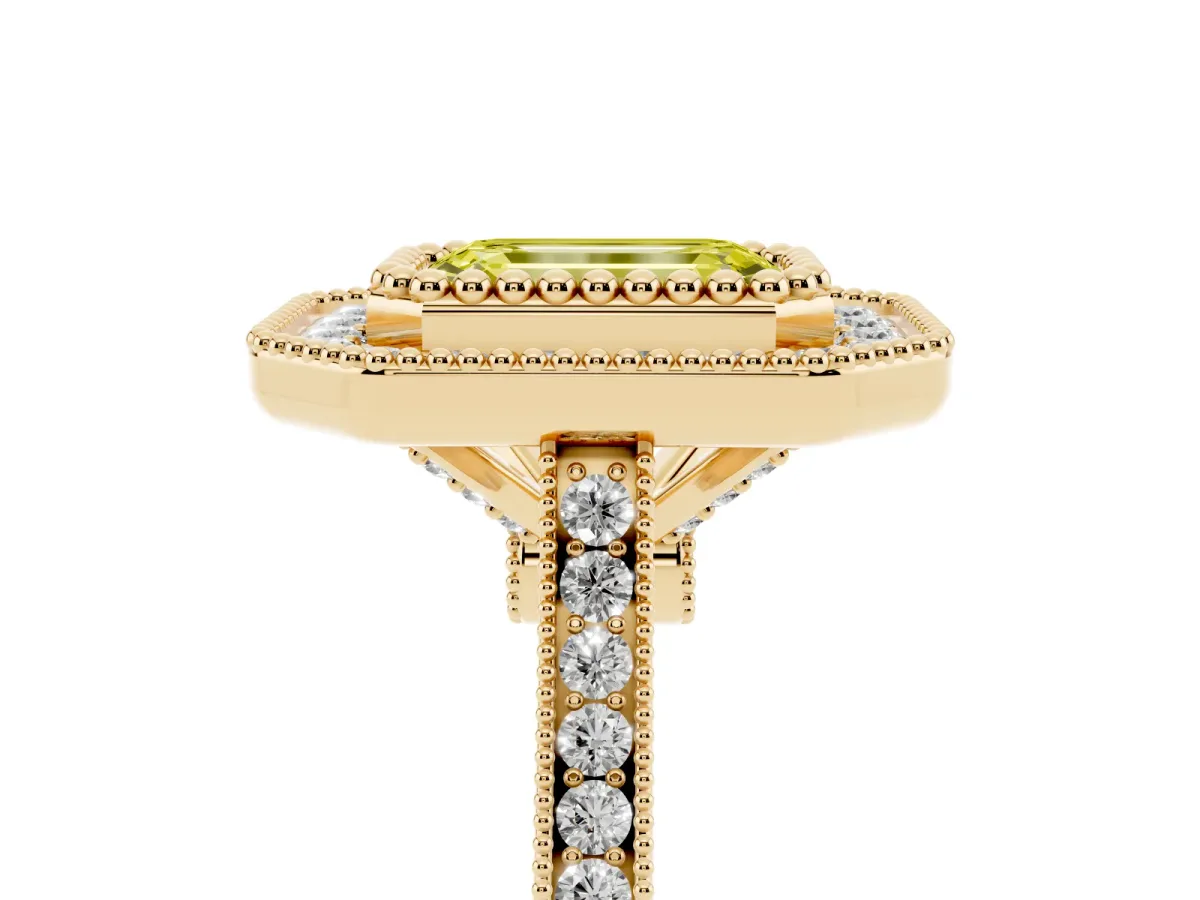 Fancy Yellow Emerald Cut Diamond Halo Ring with Milgrain Frame and Pavé Band Yellow gold