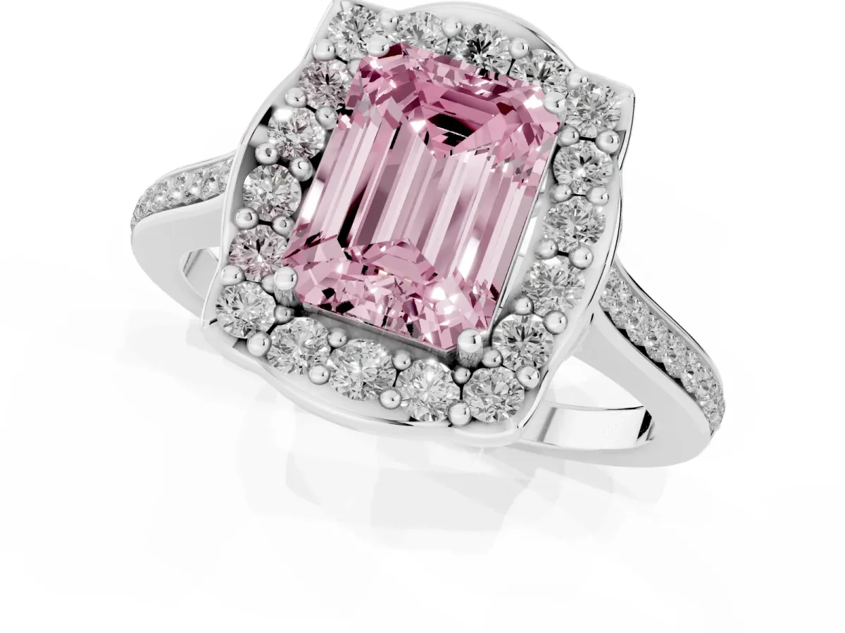 Fancy Pink Emerald Cut Halo Round Diamond Pave Band with Four-Prong Setting Platinum
