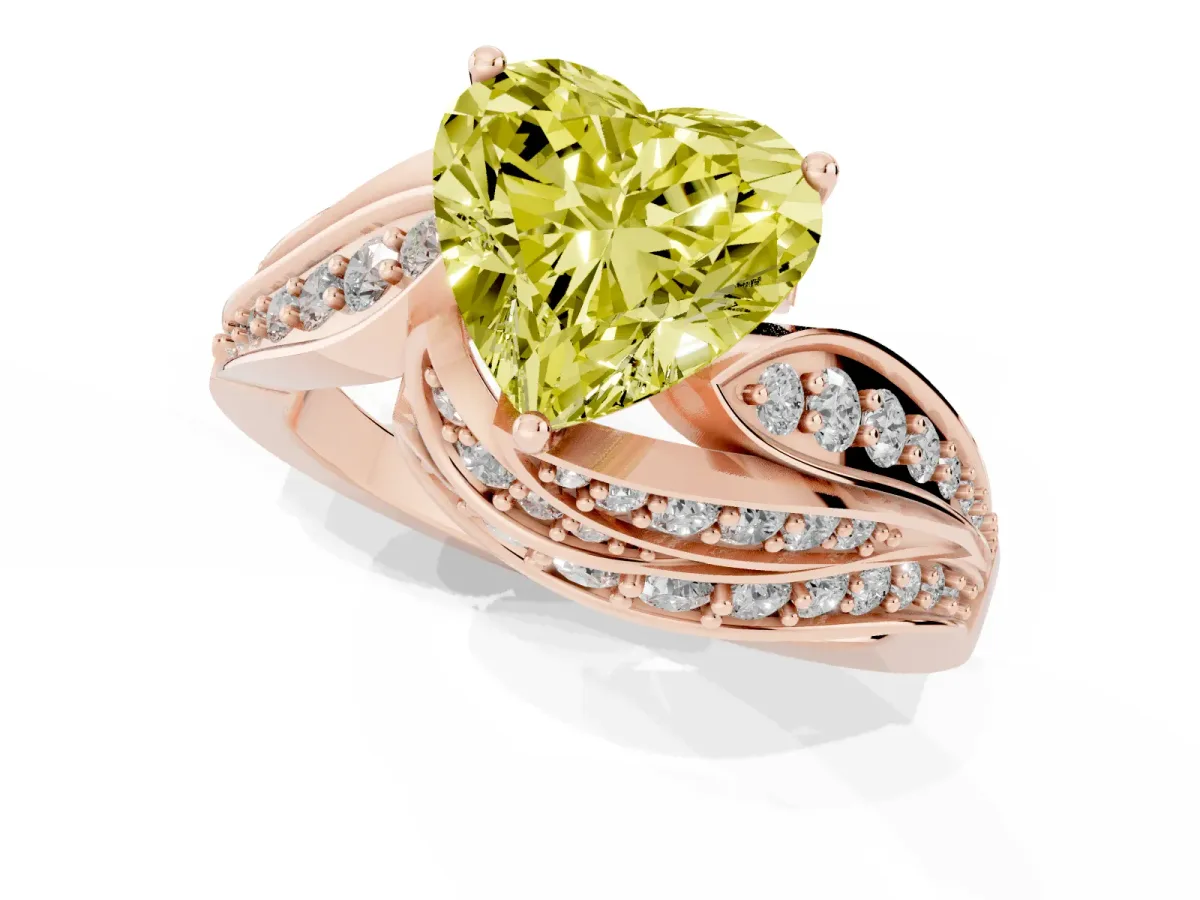 Fancy Yellow Heart Cut Diamond Solitaire Ring with Prong Setting and Twisted Pavé Band Rose gold