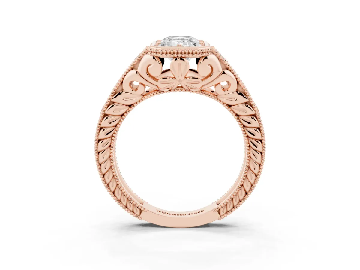 Bezel Set Emerald Cut Diamond Milgrain Pave Engagement Ring Rose gold