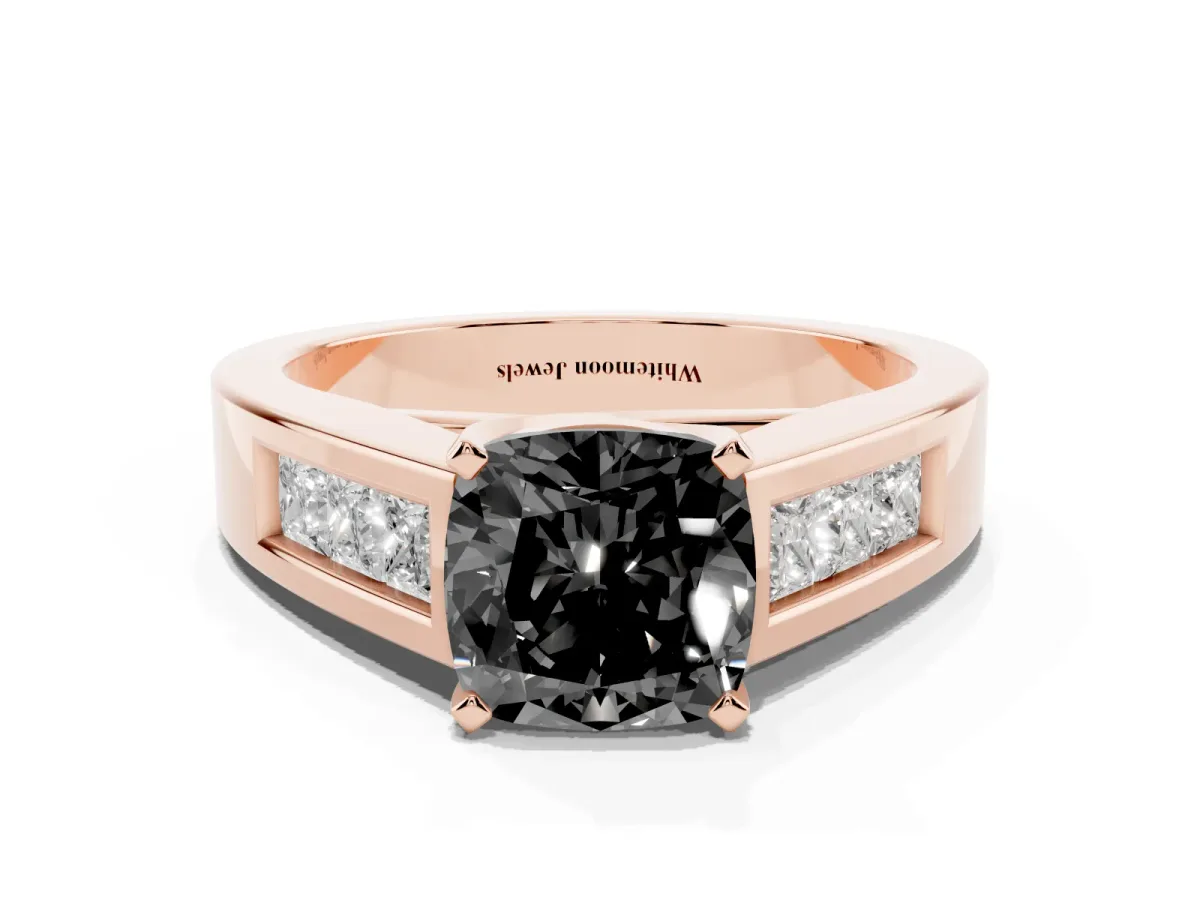 Fancy Black Cushion Cut Cut Channel Set Solitaire Ring with Four-Prong Setting Rose gold
