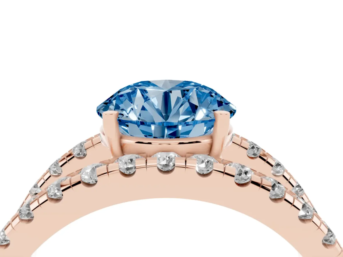 Fancy Blue Round Cut Solitaire Split Shank Pave Diamond Ring Rose gold