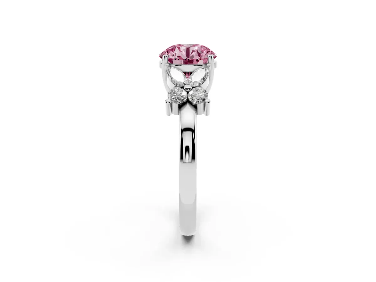 Fancy Pink Round Cut Diamond Floral Cluster Ring with Solitaire Band and Prong Setting Silver