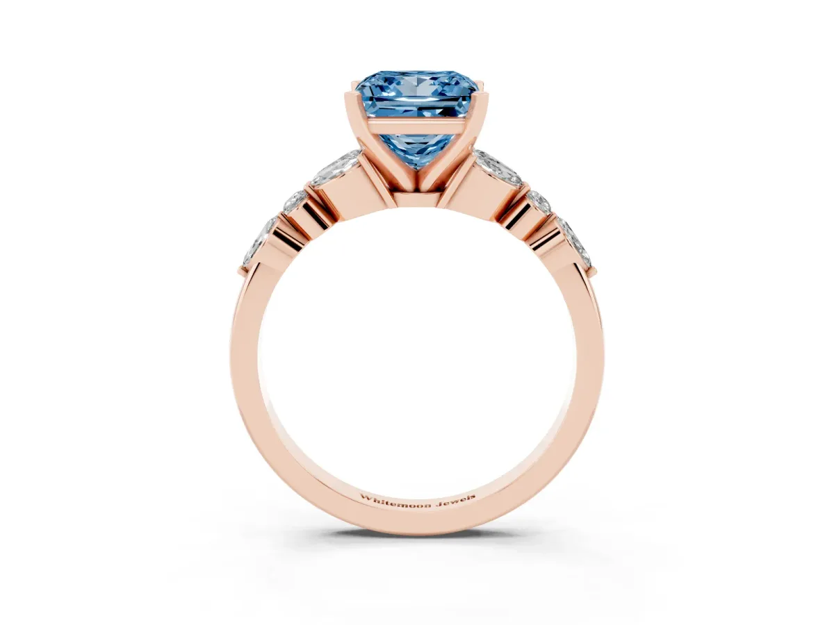 Fancy Blue Princess Cut Diamond Solitaire Ring with Side Stones and Four-Prong Setting Rose gold