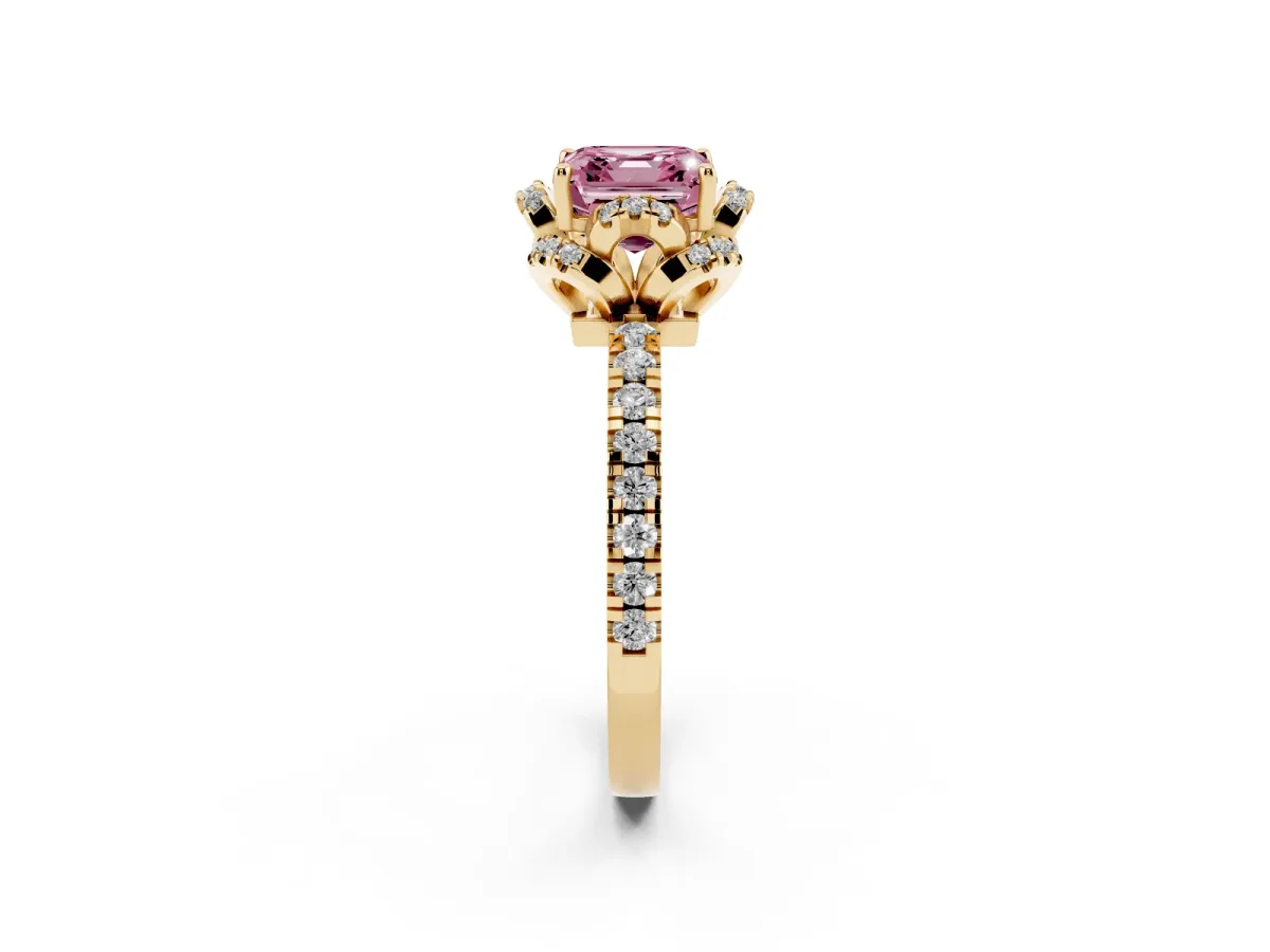 Fancy Pink Asscher Cut Diamond Halo Pave Band with Four-Prong Setting Yellow gold