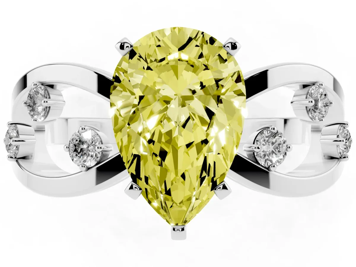Fancy Yellow Pear Cut Cut Solitaire Diamond with Side Stones on Criss-Cross Band and Four-Prong Setting Silver