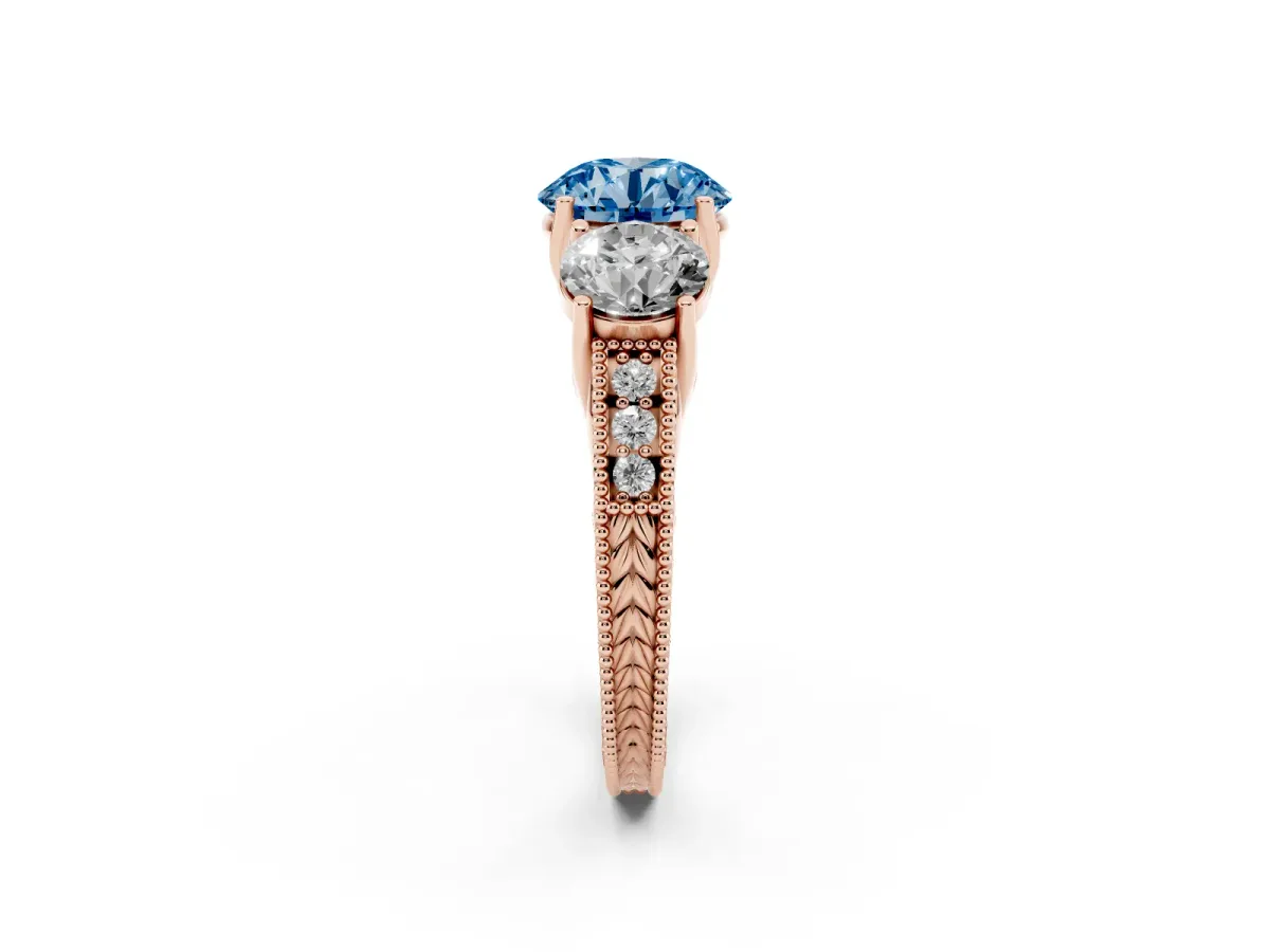 Fancy Blue Three-Stone Round Cut Cut Milgrain Pavé Engagement Ring Rose gold