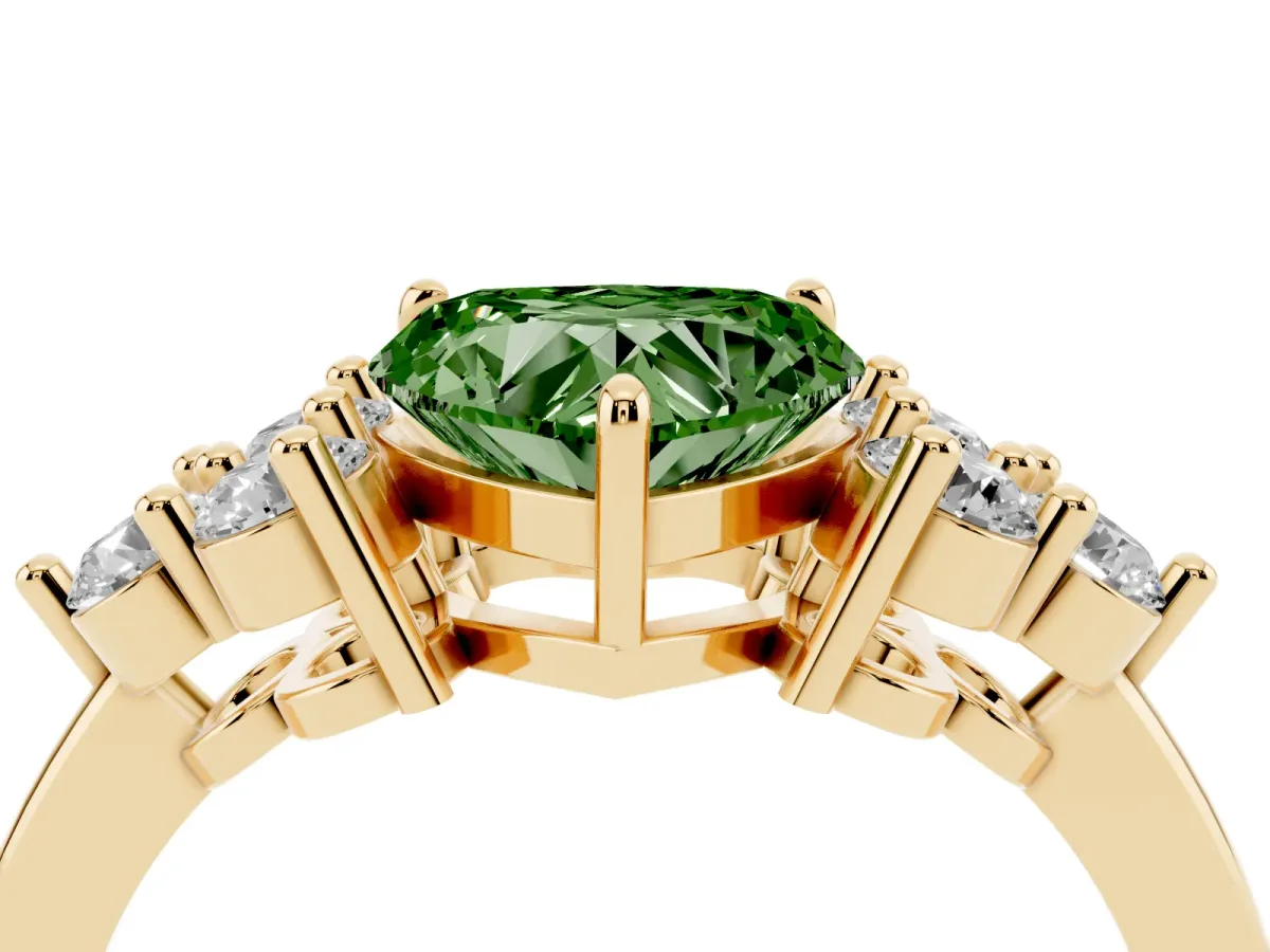 Fancy Green Heart Cut Brilliant Diamond Cluster Accent Solitaire Ring with Prong Setting Yellow gold