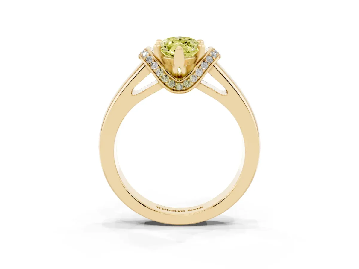 Fancy Yellow Marquise Cut Solitaire Diamond Ring with Pave Band and Six-Prong Setting Yellow gold