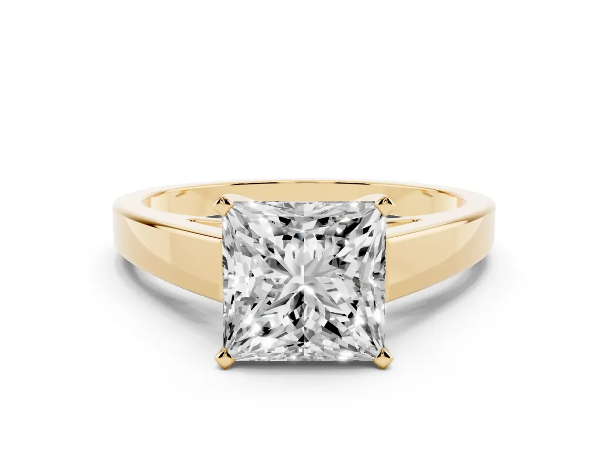 Princess Cut Solitaire Engagement Ring with Four-Prong Setting and Tapered Band Yellow gold