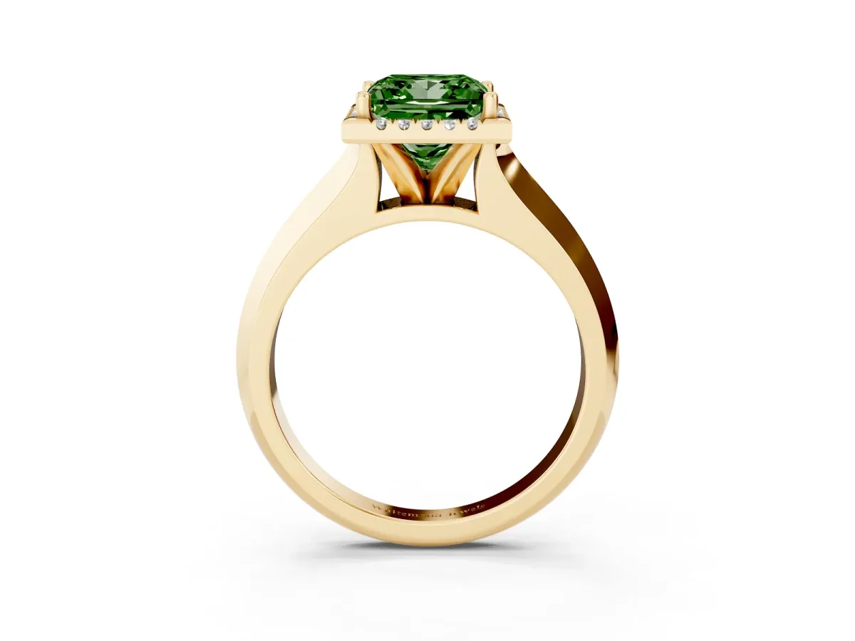 Fancy Green Princess Cut Halo Diamond Ring with Cathedral Band and Four-Prong Setting Yellow gold