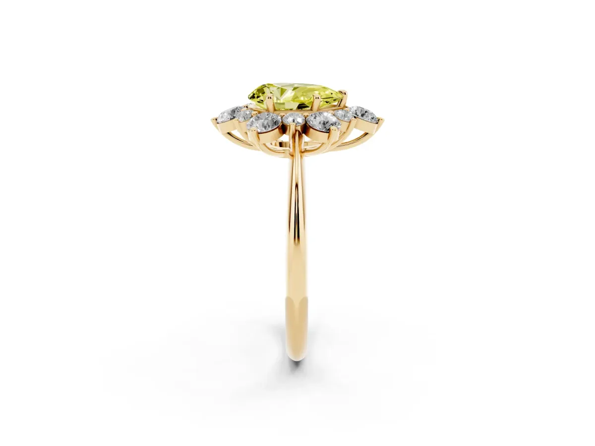 Fancy Yellow Pear Cut Diamond Cluster Halo Ring with Solitaire Band and Four-Prong Setting Yellow gold