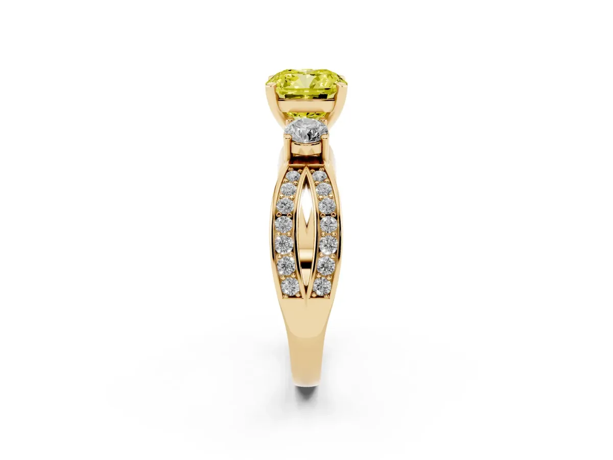 Fancy Yellow Three-Stone Cushion Cut Cut Diamond Twist Band with Prong Setting Yellow gold