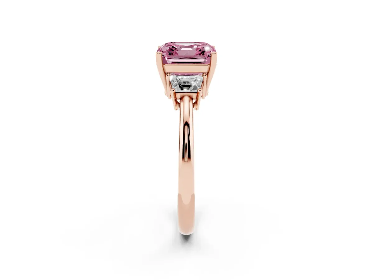 Fancy Pink Asscher Cut Diamond Three-Stone Ring with Trapezoid Side Stones and Prong Setting Rose gold