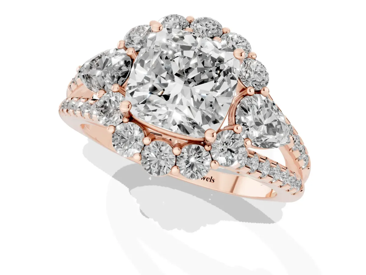 Cushion Cut Halo Split Shank Diamond Engagement Ring with Prong Setting Rose gold