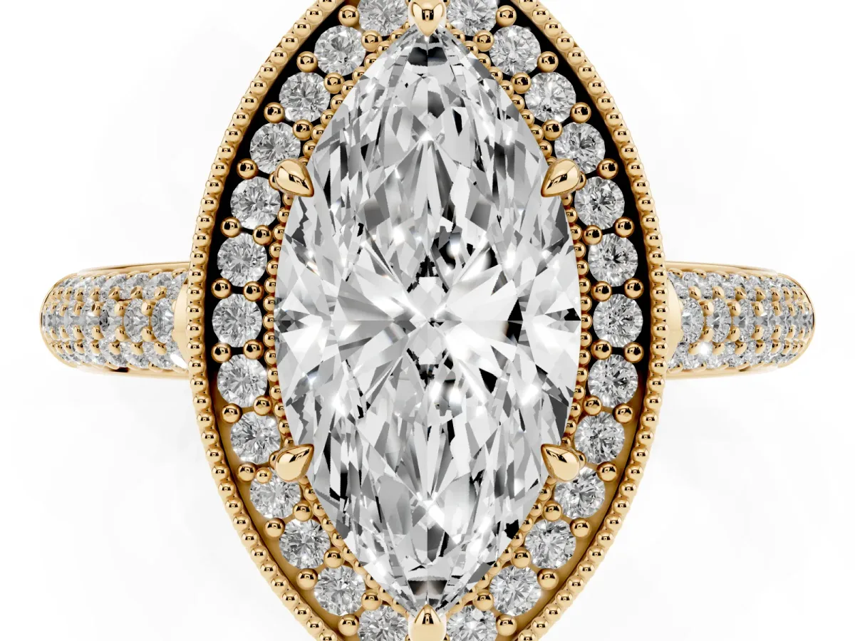 Marquise Cut Cut Halo Diamond Pave Band with Four-Prong Setting Yellow gold
