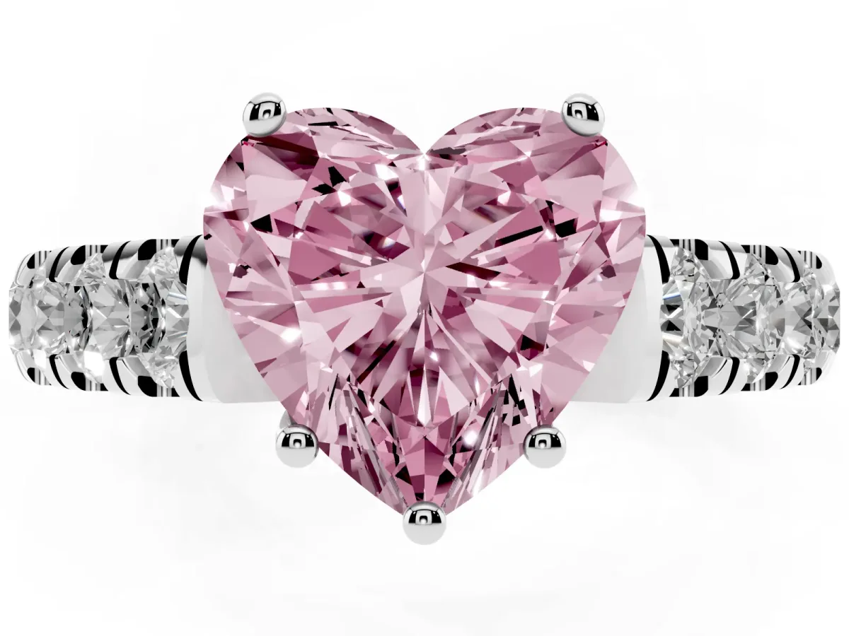 Fancy Pink Heart Cut Cut Diamond Solitaire Ring with Micro Pave Band and Prong Setting Silver