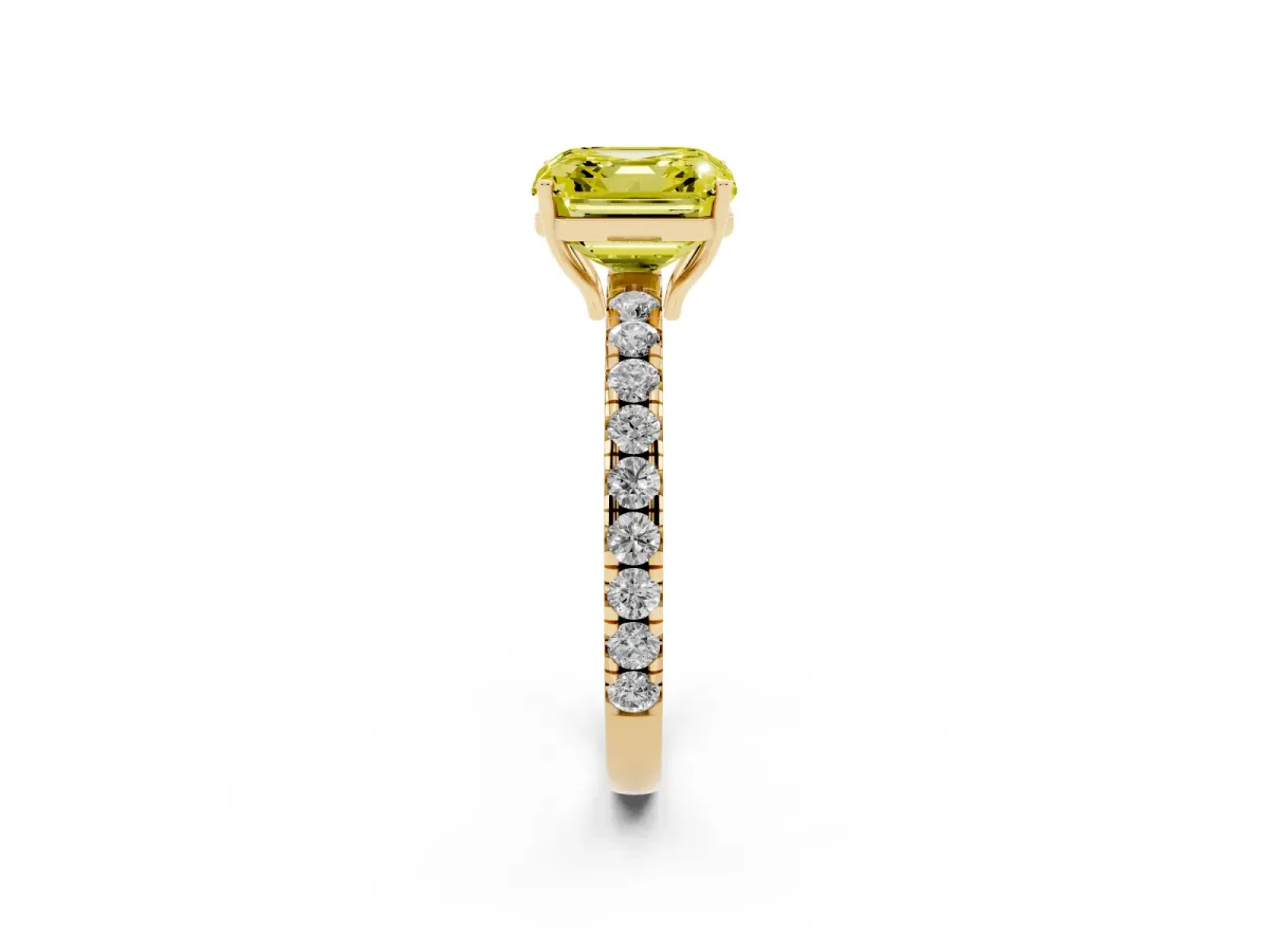 Fancy Yellow Asscher Cut Diamond Pavé Solitaire Engagement Ring with Four-Prong Setting Yellow gold