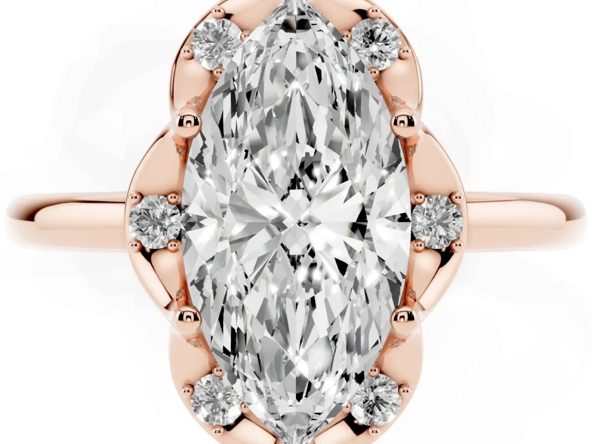 Marquise Cut Halo Diamond Ring with Round Cluster Setting, Solitaire Band, and Four-Prong Setting Rose gold