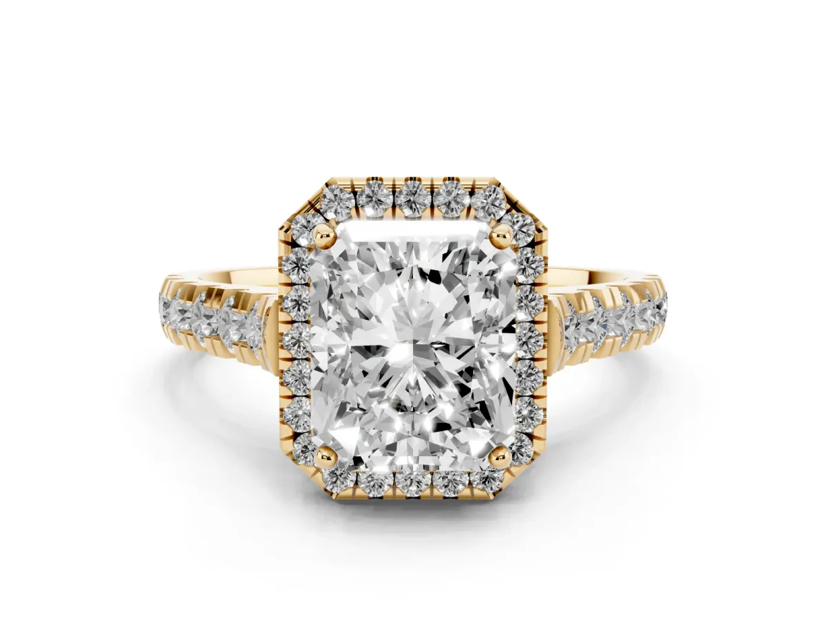 Radiant Cut Halo Pavé Diamond Engagement Ring with Four-Prong Setting Yellow gold