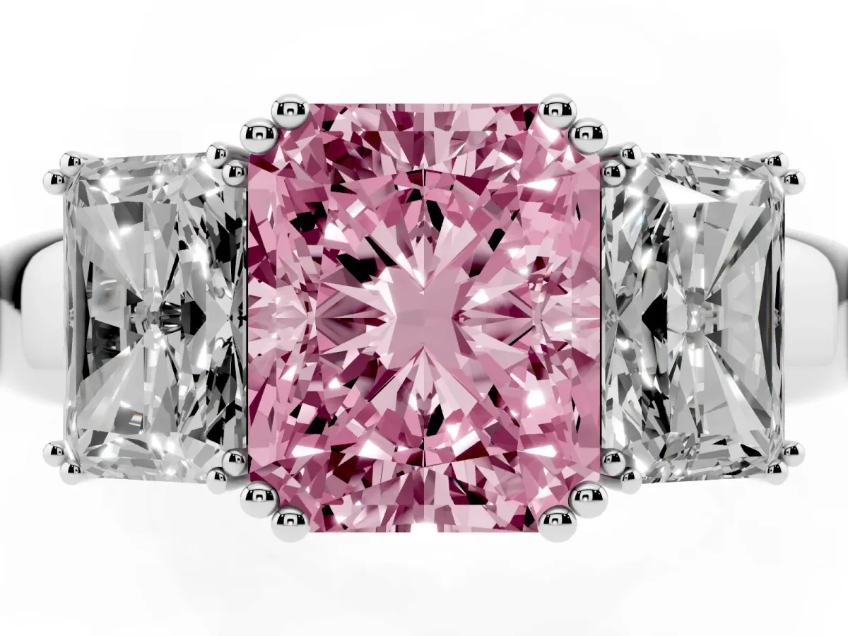 Fancy Pink Three-Stone Radiant Cut Cut Diamond Ring with Channel Set Band and Four-Prong Setting Platinum
