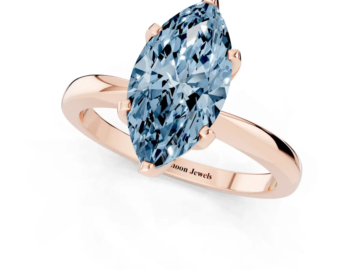 Fancy Blue Marquise Cut Solitaire Engagement Ring with Six-Prong Setting and Tapered Band Rose gold