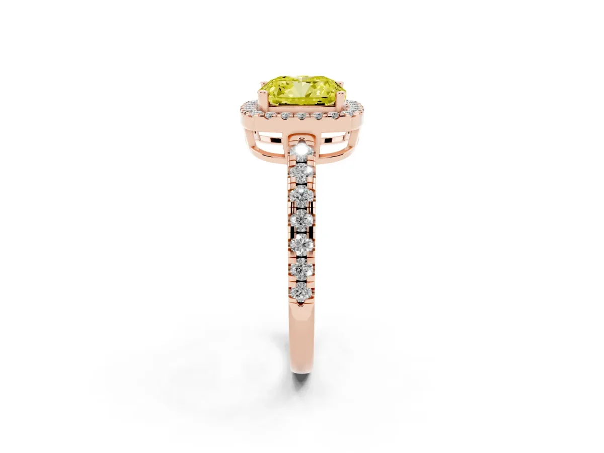 Fancy Yellow Cushion Cut Diamond Halo Ring with Pavé Band and Four-Prong Setting Rose gold