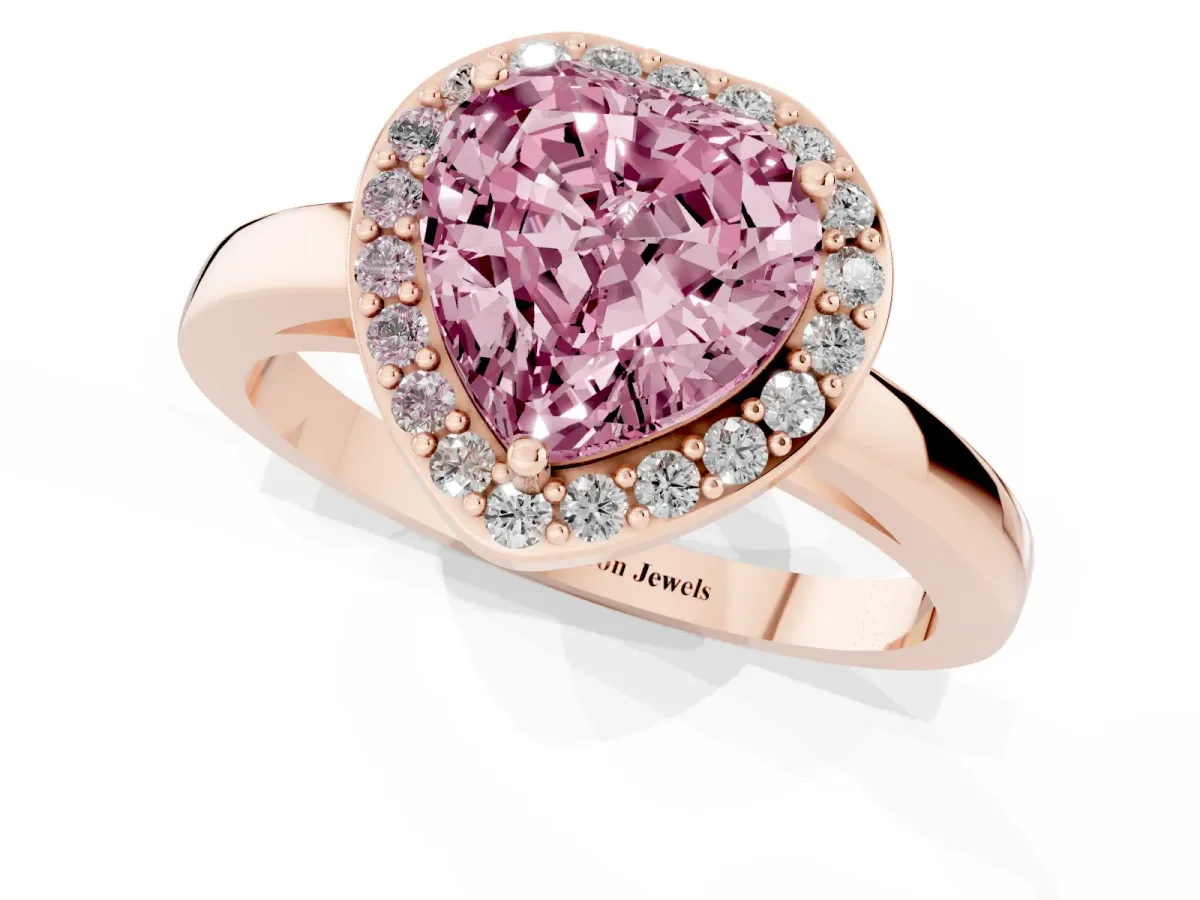 Fancy Pink Heart Cut Halo Diamond Ring with Solitaire Band and Prong Setting Rose gold